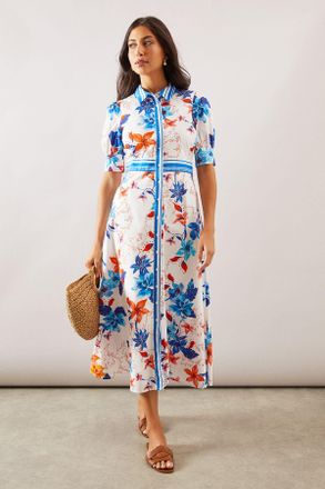 Wallis Womens Floral Print Button Midi Shirt Dress - Light Blue Cotton - Size 14 UK