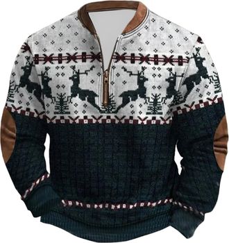 Generic Mens Christmas Jumpers 1/4 Zip Fleece Ugly Christmas Sweatshirt Pullover Men Long Sleeve Plus Size Funny Printed Xmas Jumper Winter Thermal Warm Cosy 