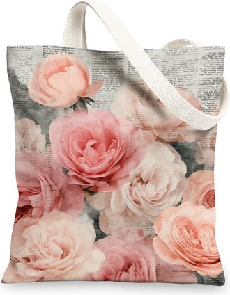 Generic Vintage Floral Canvas Tote Bag, Reusable Grocery Bag with Lightweight Shoulder Strap 13x15 Inch