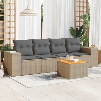 vidaXL Juego De Sof&aacute;s Jard&iacute;n Con Cojines 5 Pzas Rat&aacute;n Sint&eacute;tico Beige Vidaxl