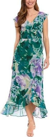 London Times Ruffle Cap Sleeve Faux Wrap Dress in Orchid/Teal at Nordstrom Rack, Size 10