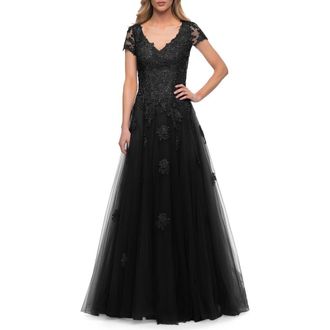 La Femme Tulle A Line Gown with Lace Applique and V Neck in Black at Nordstrom, Size 4