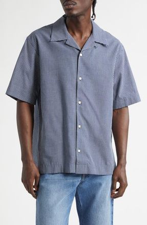 Givenchy Check Logo Appliqu&eacute; Cotton Bowling Shirt in White/Blue at Nordstrom, Size 38