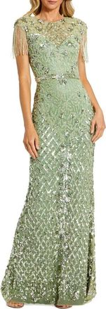 Mac Duggal Petite Beaded Fringe High-Neck Fitted Evening Gown in Sage at Nordstrom, Size 10P