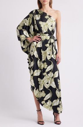 Hutch One-Shoulder Single Long Sleeve Cocktail Dress in Black Dramatic Vining Iris at Nordstrom, Size Small