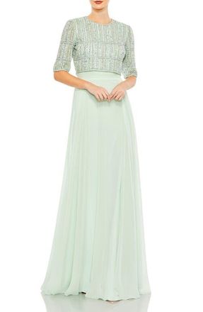 Mac Duggal Fully Beaded 3/4 Sleeves Top Chiffon Gown in Sage at Nordstrom, Size 14