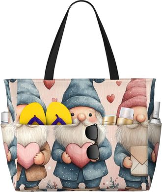 Generic Valentines Gnomes Print Large Beach Bag Foldable Travel Shoulder Tote Bag With Pocket For Weekender Pool Vacation