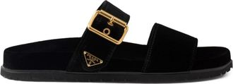 Prada triangle-logo velvet slides - women - Velvet/Rubber/Velvet - 36 - Black