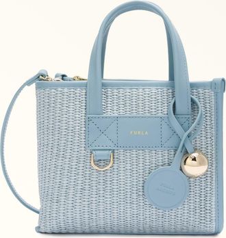 Furla Divide It Borsa Shopping Mini Toni Carta Da Zucchero Light Blu Intreccio Toscana Colorblock + Pelle Di Vitello Morbida Donna