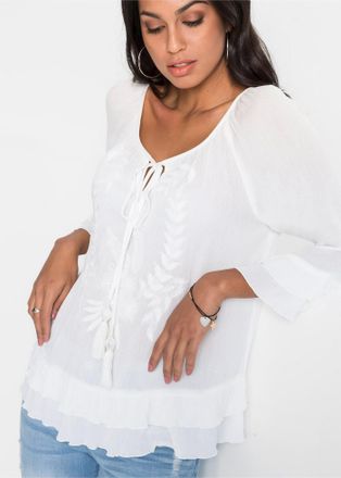 Bonprix Tunika BONPRIX, Damen, Gr. 40, wollwei&szlig;, Obermaterial: 100% Viskose, A-Linie, Tuniken Tunika, A-Linien-Passform, mit 3/4-&Auml;rmeln, gleichfarbige Sticker