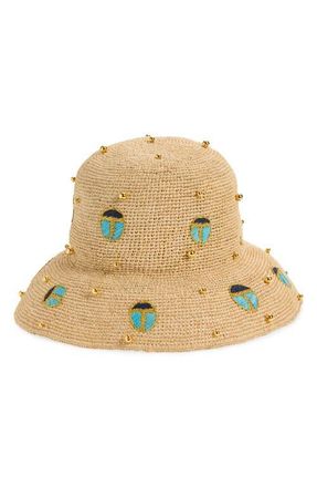 Lele Sadoughi Scarab Embellished Raffia Hat in Turquoise Lapis at Nordstrom