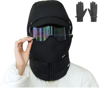 Generic Agriculturi Waterproof Fleece-Lined Hood, Winter Windproof Full Cover Balaclava with Glasses 4-in-1 Ski Hat (Black)