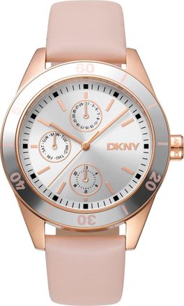DKNY Women Watch, Rose Gold Color Case, Silver Dial, Pink Leather Strap, Multi-Function, 5 ATM