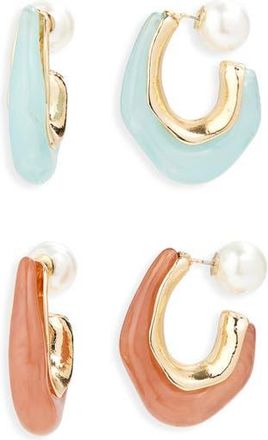 Tasha Set of 2 Resin & Faux Pearl Molten Hoop Earrings in Aqua/Neutral at Nordstrom Rack