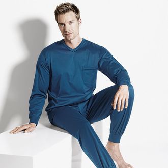 Isa Pyjama ISA BODYWEAR 506, lang VN, Herren, Gr. XXL, blau (blau, stratos 0034), Jersey, Obermaterial: 100% Baumwolle, lang, V-Ausschnitt, B&uuml;ndchen, Home