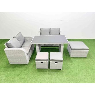 Fimous 6 Pieces Outdoor pe Rattan Sofa Set Patio Garden Furniture Sets with Cushions 3 Stools Light Grey - Fimous