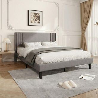 OEM Estructura De Cama Doble 140x190 Cm, Cabecero De Lino Suave, Marcos De Metal Y Madera, Gris
