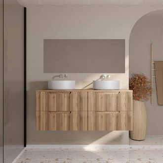 Aurlane Mueble De Ba&ntilde;o 120cm Madera - 4 Cajones Ondulados - Lavabos Redondos 36cm