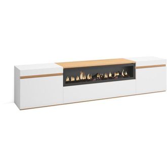 Skraut Home Skraut Home - Mobile TV Soggiorno, Ampio spazio a disposizione, 200x35x45cm, Per TV fino a 80, Camino elettrico, Stile moderno, Bianco e Rovere soft