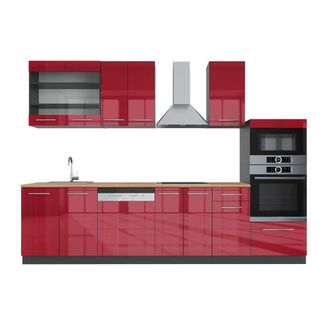 Vicco Mueble De Cocina Fame-line, Burdeos Brillo Intenso/antracita, 300 Cm Con Armario Alto, Et Roble