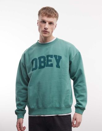 Obey Felpa girocollo verde con logo a pigmenti stile college