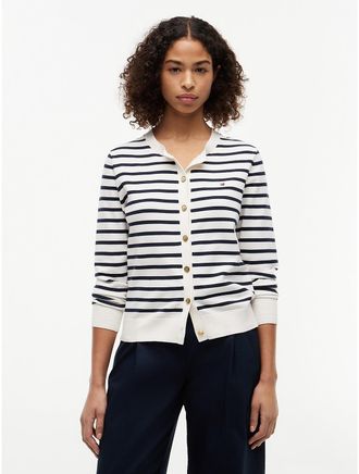 Tommy Hilfiger Womens Organic Cotton Jersey Cardigan - Ivory Petal/Navy - XL