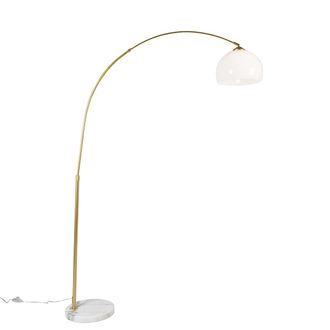 QAZQA Moderno L&aacute;mpara De Pie De Arco Inteligente Lat&oacute;n Con Pantalla Blanca Incl. Wifi A60 - Arc Basic Acero /pl&aacute;stico /m&aacute;rmol Redonda /alargada Adecuado Par