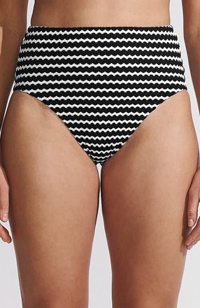 Lands End Ribbed Smoothing High Waisted Bikini Bottoms in Striped Black/white at Nordstrom, Size 12
