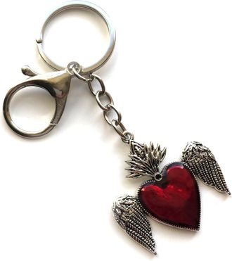 Generic KEYRING - Red Jewel Heart With Wings - Silver Plated. 30mm Split Ring And Trigger Clasp. Goth Emo Rock. Key Ring. Red Heart Wings