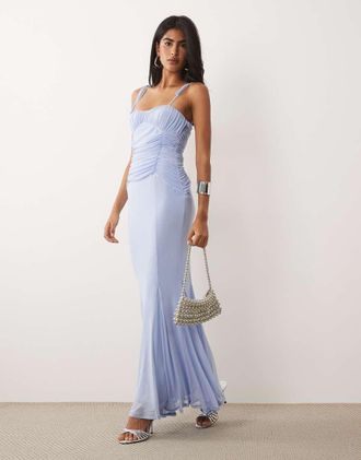 Asos Vestito a sirena in rete celeste stampato con inserto a contrasto sul busto-Blu