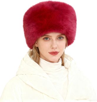 Lina & Lily Womens Winter Cossack Hat Russian Style Long Pile Faux Fur (Carmine Red)