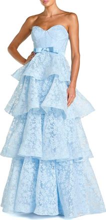 Mac Duggal Strapless Floral Organza Tiered Gown with Bow in Powder Blue at Nordstrom, Size 10
