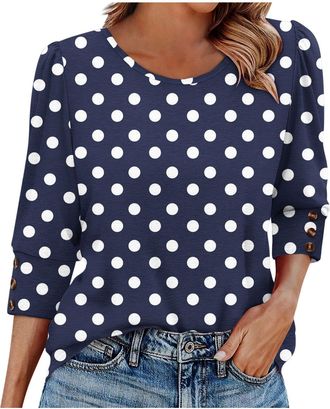 Generic Ladies Top Button Crewneck 3/4 Sleeve Shirt Autumn Winter Basic Polka Dot T Shirt Lounge Comfy Blouse Holiday Casual Loose Tunic Tops for Leggings