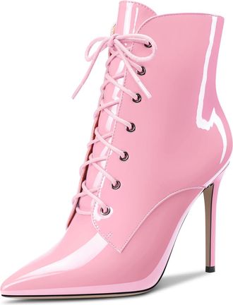 Castamere Women Stiletto High Heel Zipper Pointed Toe Ankle Boots Short Bootie Lace-up Dress Sexy Office 10 CM Heels Boots Pink Patent 10.5 UK