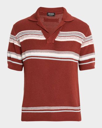 Ermenegildo Zegna Mens Cotton and Mulberry Silk Stripe Knit Polo Shirt
