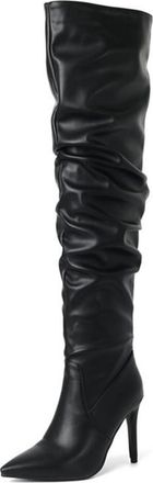 Generic Womens Slouch Ruched Thigh High Boots Pointed Toe Stiletto Heels Dressy Pumps Wide Calf Pull On Over The Knee Shoes (Black,5.5)