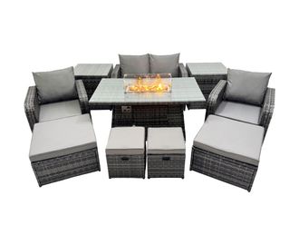 Fimous Garden Rattan Reclining Chair Love Sofa with 4 Stool Side Table in Dark Grey