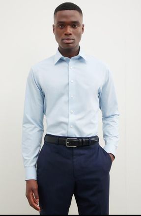 Nordstrom Non-Iron Trim Fit Solid Cotton Dress Shirt in Blue Skyway at Nordstrom, Size 18.5 - 34