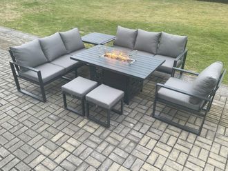 Fimous Aluminium 7 Pieces Garden Furniture Sofa Set with Cushions 9 Seater Gas Fire Pit Dining Table Set with Side Table 2 Small Footstools