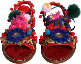 Dolce & Gabbana Multicolor Pom Pom Fur Wrap Sandals Womens Shoes