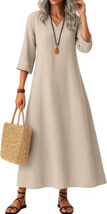 Generic 3/4 Sleeve Linen Dress for Women Casual Summer Cotton Solid Color V Neck Flowy Dress Loose Fit Boho Maxi Dresses Beige