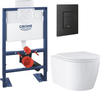 GROHE Paquete De Soporte De Baja Altura Grohe Rapid Sl + Inodoro Startround Sin Pesta&ntilde;a + Placa De Control Negro Mate