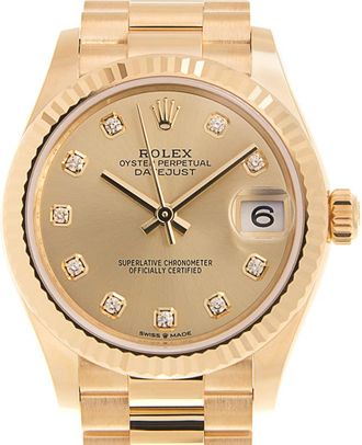 Rolex Datejust 31 Champagne Diamond Dial Ladies 18kt Yellow Gold President Watch 278278CDP