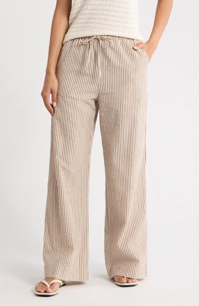 Marine Layer Josie Stripe Seersucker Drawstring Pants in Mocha Stripe at Nordstrom, Size X-Large