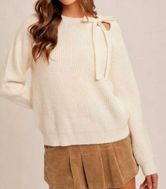Hem & Thread Chamille Cutout Tie Detail Neck Sweater In Ivory