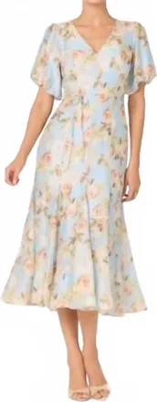 Astr Lavena Balloon Sleeve Midi Dress In Blue Floral