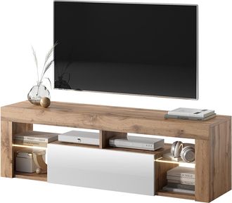 Selsey Selsey - Bianko - Mueble Tv - Para La Sala De Estar - 140 Cm De Ancho - Roble Lancaster / Blanco Brillo - Con Iluminaci&oacute;n Led - Moderno