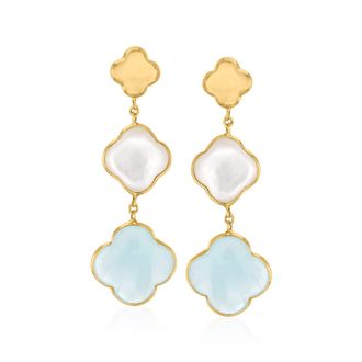 Ross-Simons Italian Mother-Of-Pearl and Aquamarine Clover Drop Earrings in 14kt Yellow Gold
