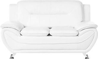 Beliani 2 Seater Sofa White Vegan Eco Leather Loveseat Arms Silver Metal Legs Easy Clean Modern Glam Style Living Room LEIRA