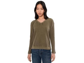 Mod-o-doc Long Sleeve Open V-neck Waffle Top Womens Clothing Fern : MD (US 8-10), Cotton